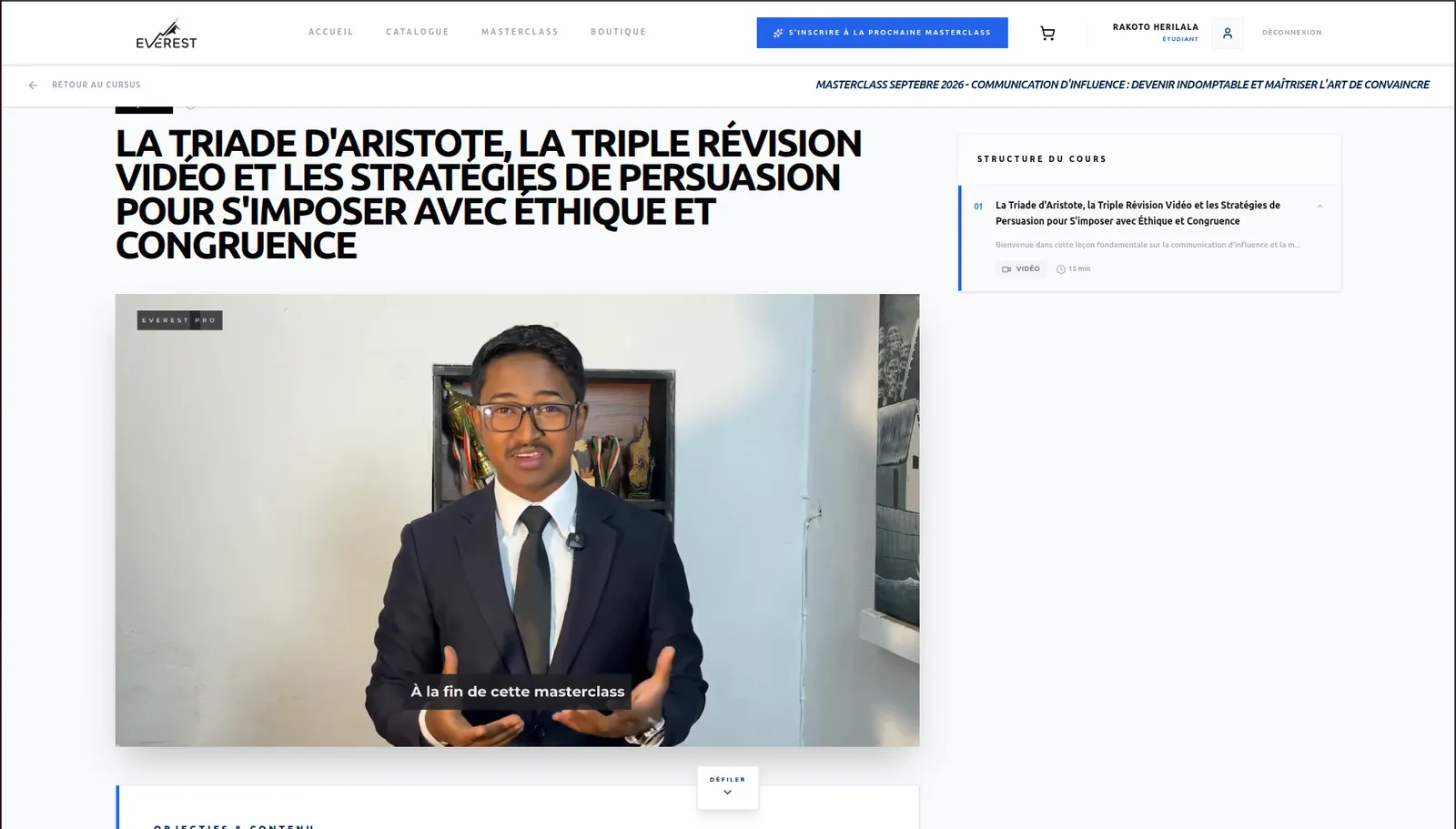 Capture d'écran d'une masterclass vidéo Everest sur la triade d'Aristote