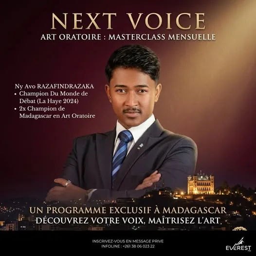 Affiche Next Voice, masterclass mensuelle d'art oratoire avec Ny Avo Razafindrazaka