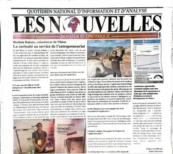 Coupure du quotidien Les Nouvelles : « Herilala RAKOTO, cofondateur de Viktoo : la curiosité au service de l'entrepreneuriat »
